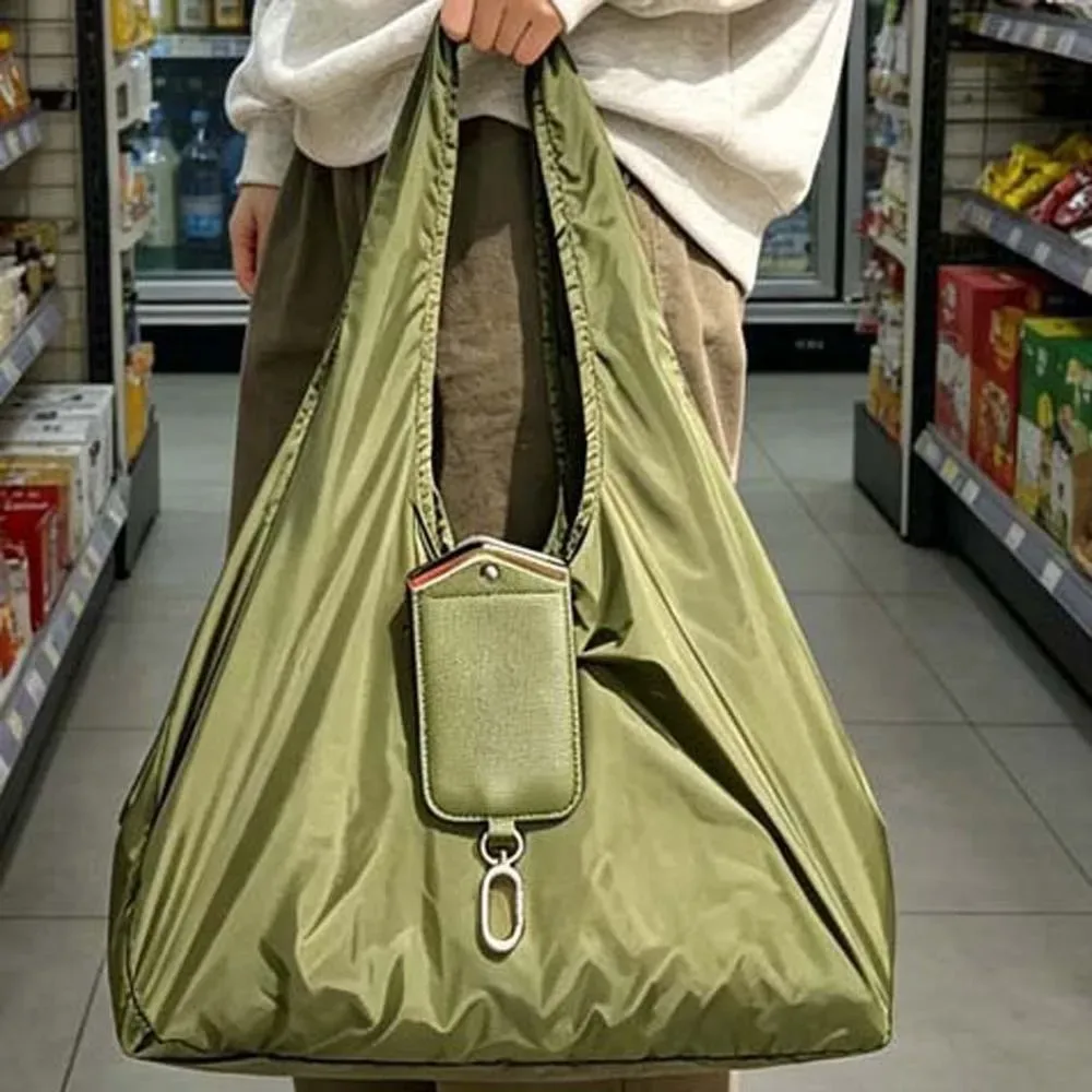 sac fourre-tout pliable 2-en-1 couleur unie avec porte-clés, mini sac de courses peu encombrant, garniture métallique, résistant aux déchirures, pochette porte-breloques