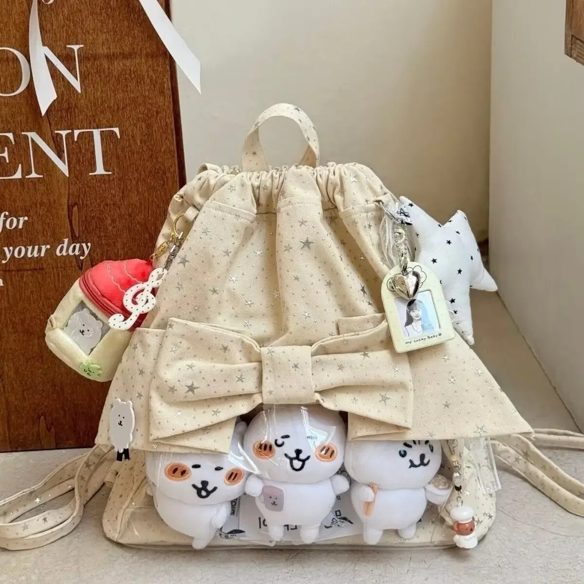nouveau sac à dos ita y2k avec nœud de ballet et cordon de serrage, sac à dos transparent pour fille mignon, grande capacité, sac à bandoulière à pois étoilés pour présentation de poupées diy
