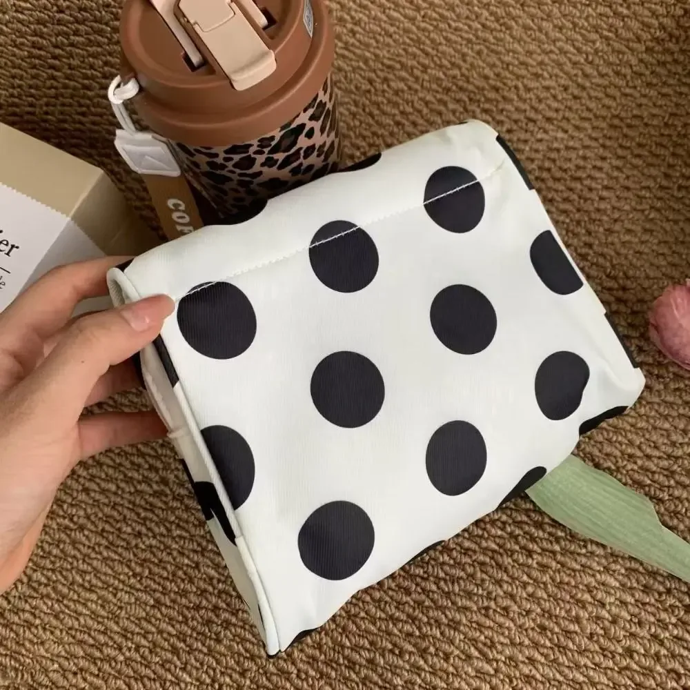 sac à cosmétiques portable en toile à pois, sac de rangement pour bijoux à rayures de grande capacité avec miroir de maquillage multifonctionnel