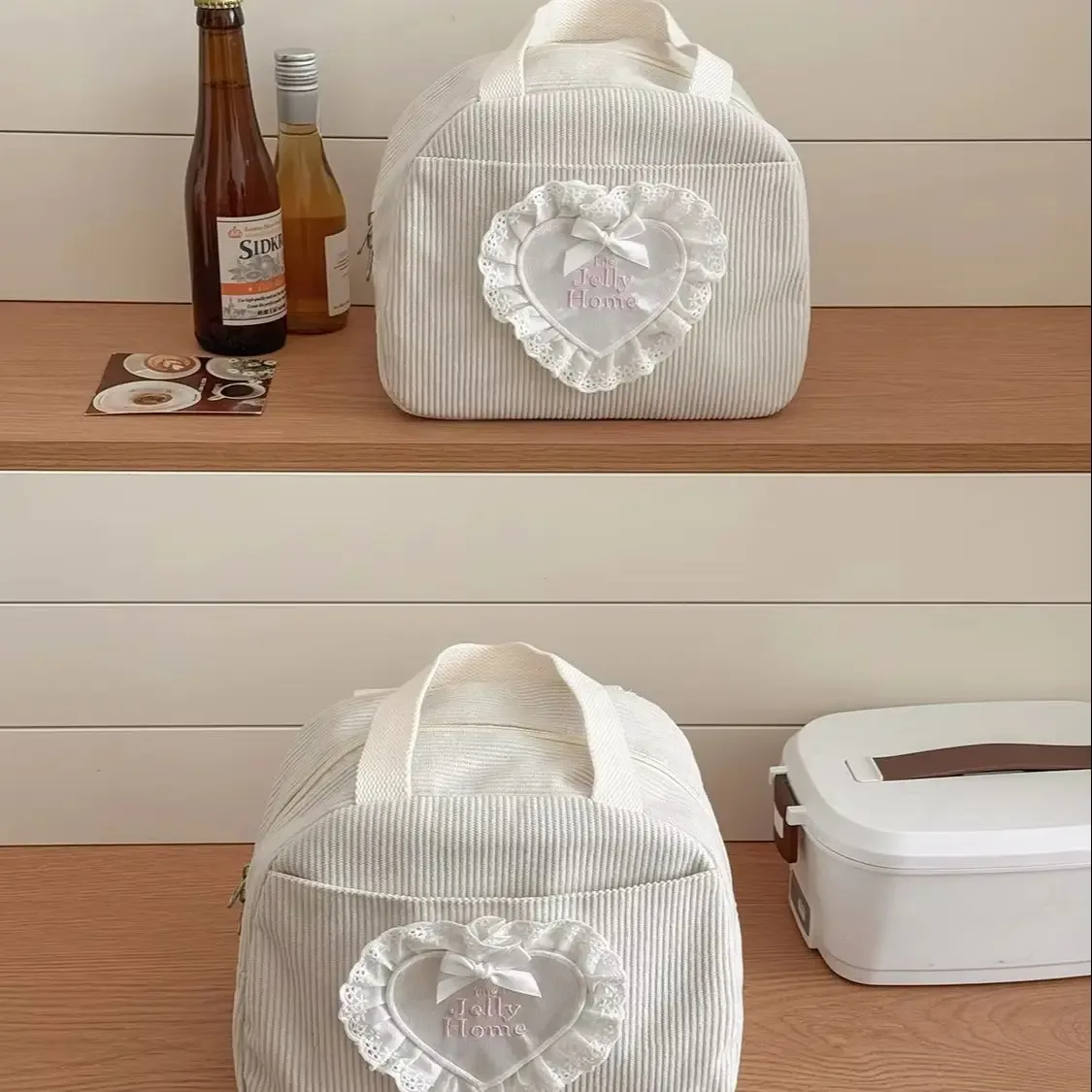 sac à main grande capacité yt commuting en velours côtelé avec dentelle et cœur, sac isotherme pour le déjeuner, nouveau sac de rangement pour étudiants et travailleurs