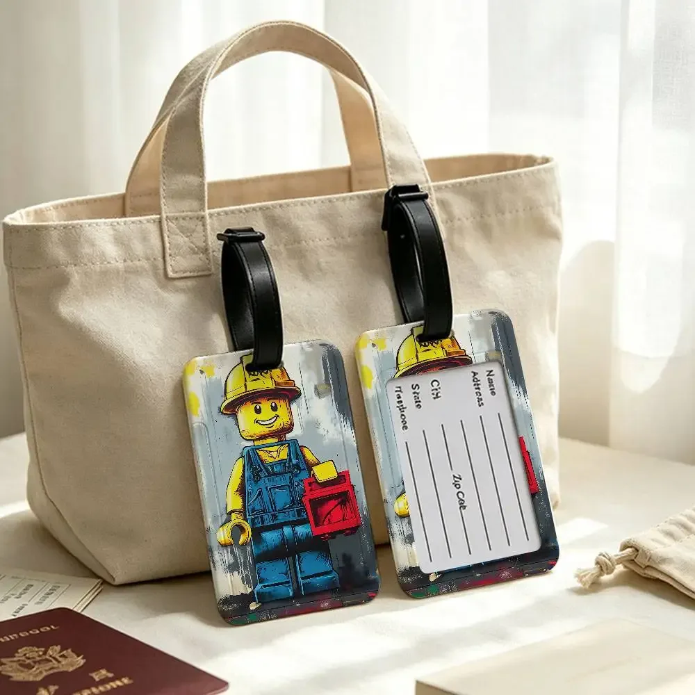 étiquette de valise en pvc anti-perte l-legos avec carte d'information, motif de dessins animés représentant diverses professions, identifiant de bagages léger pour les voyages quotidiens.