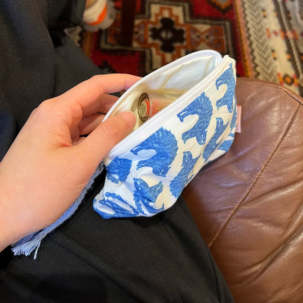 sac de maquillage graphique chat bleu, deux tons avec fermeture éclair, sac de maquillage imprimé de dessin animé, petit mini sac de rangement pour cosmétiques