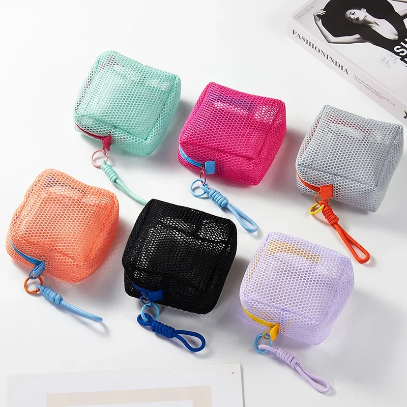 sac à cosmétiques en maille portable, trousse de maquillage de rangement de couleur dopamine, pochette de rangement de toilette en maille pour femmes, sac de rangement d'articles divers
