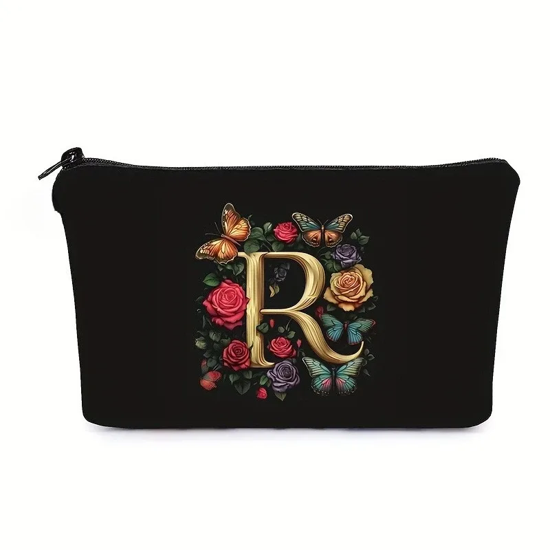 trousse de maquillage noire avec imprimés de 26 lettres de l'alphabet anglais, pochette à cosmétiques, sacs de rangement multifonctionnels