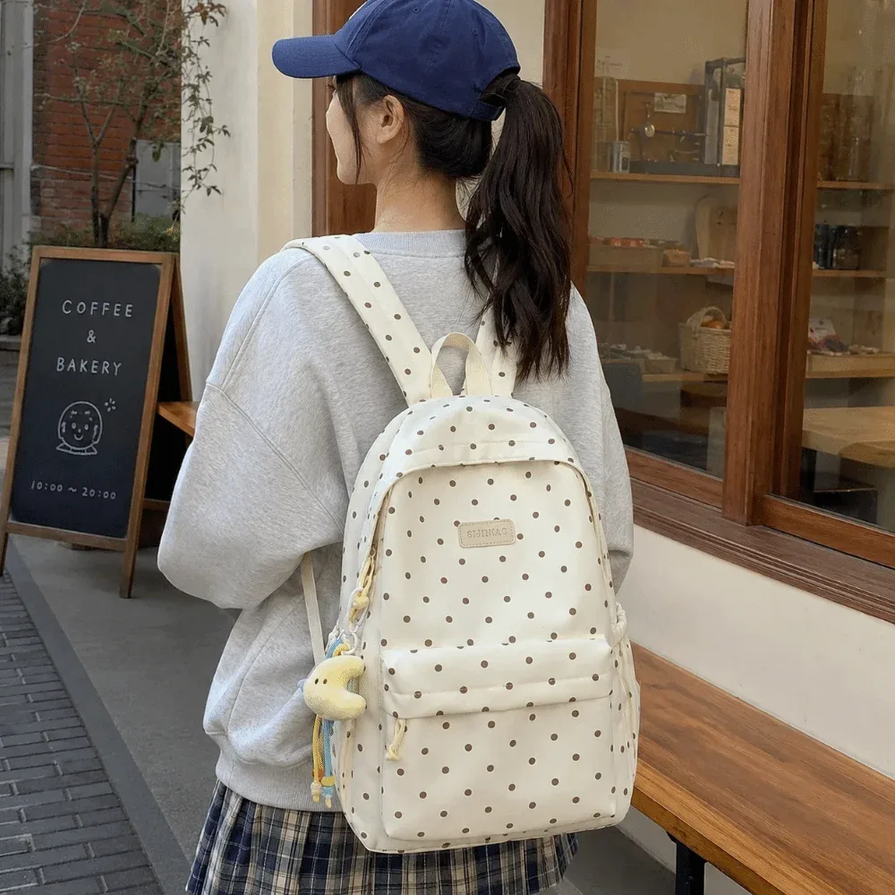 Sac à dos à pois style minimaliste, double bretelles, grande capacité, léger, pour voyage, mignon, durable, pour l'école et la randonnée