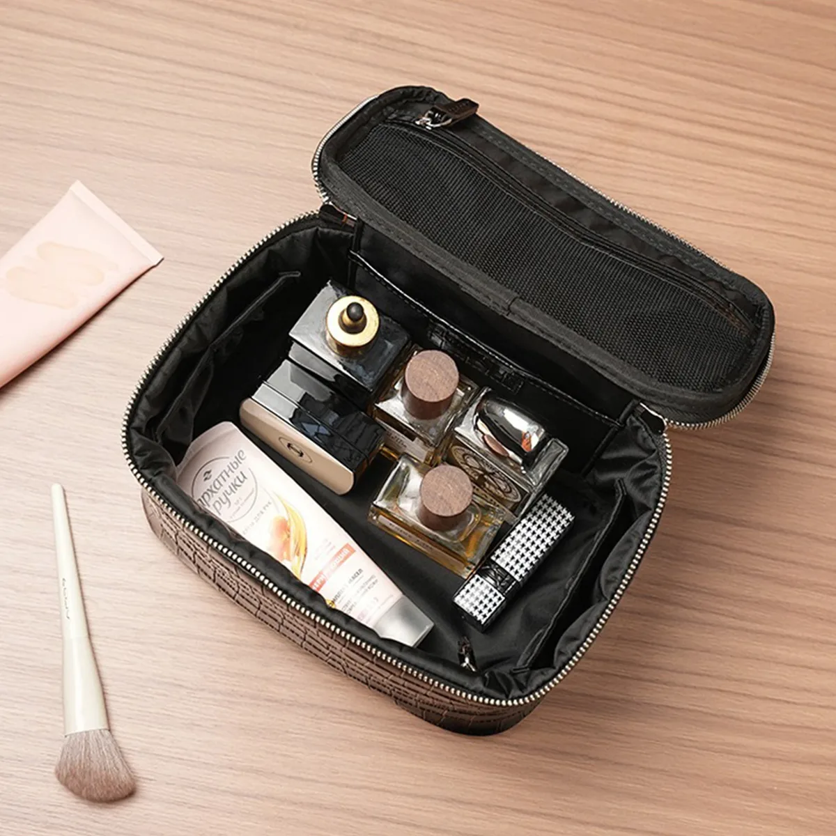 nouvelle trousse de toilette portable en pu à motif texturé effet pierre, grande capacité, sac de maquillage et de voyage pour femmes