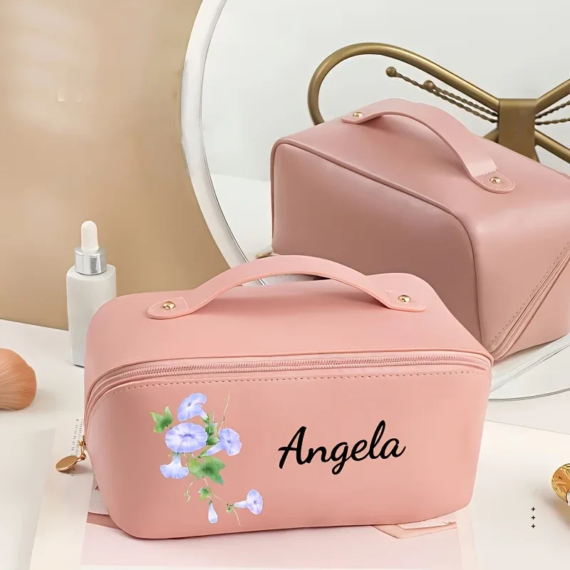 trousse de maquillage personnalisée avec fleurs et nom, trousse de maquillage à fermeture éclair, trousse de maquillage grande capacité pour femmes