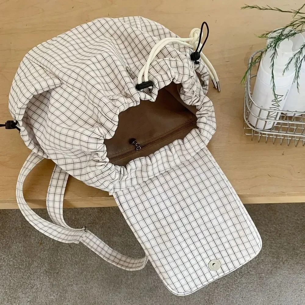 sacs à dos simples de couleur unie avec cordon de serrage, sacs à bandoulière coréens en toile plissée, sacs à dos décontractés légers en nylon à carreaux, unisexe