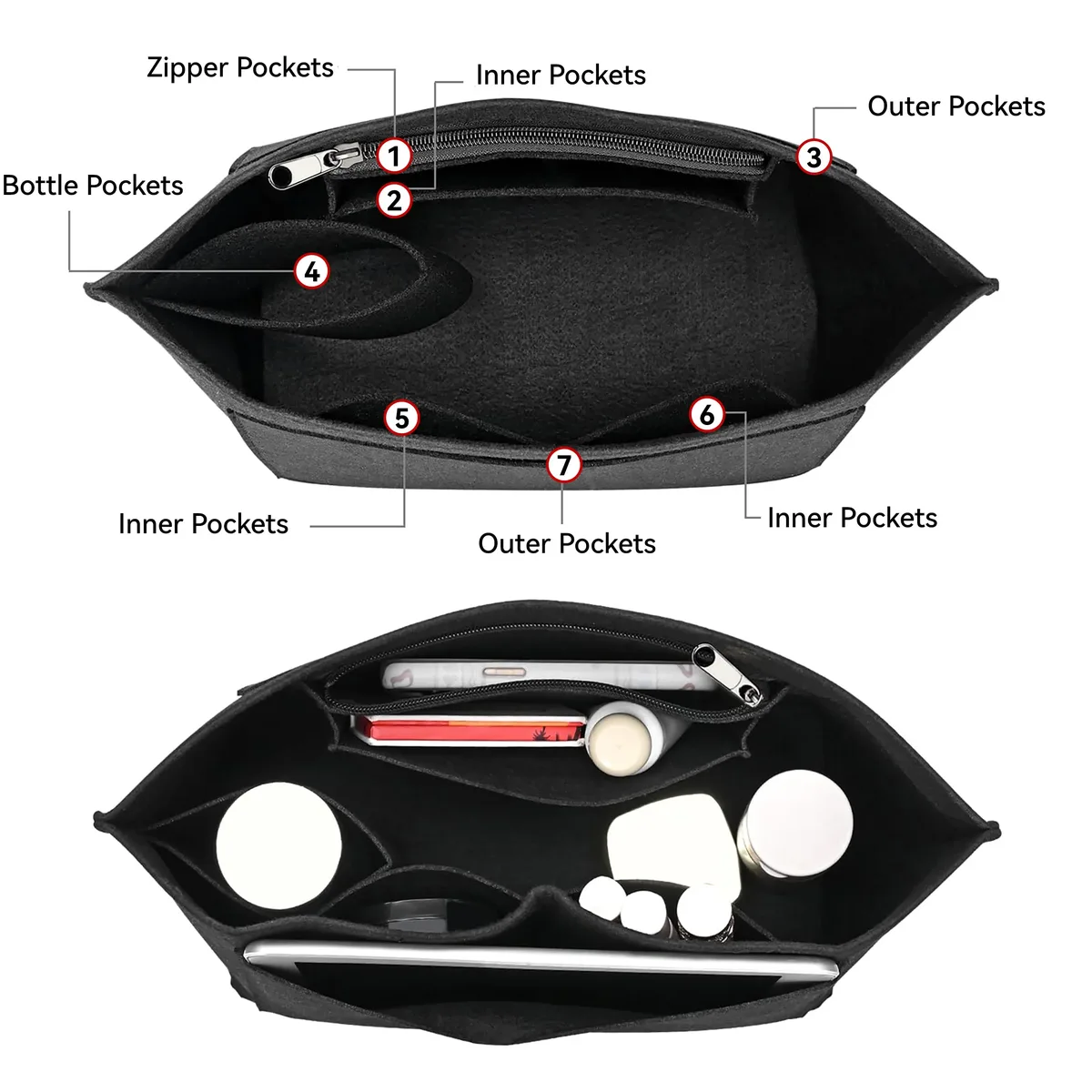 organisateur de sac fourre-tout en feutre avec fermeture éclair, insert multi-poches pour sac à main longchamp, rangement de maquillage, doublure de voyage