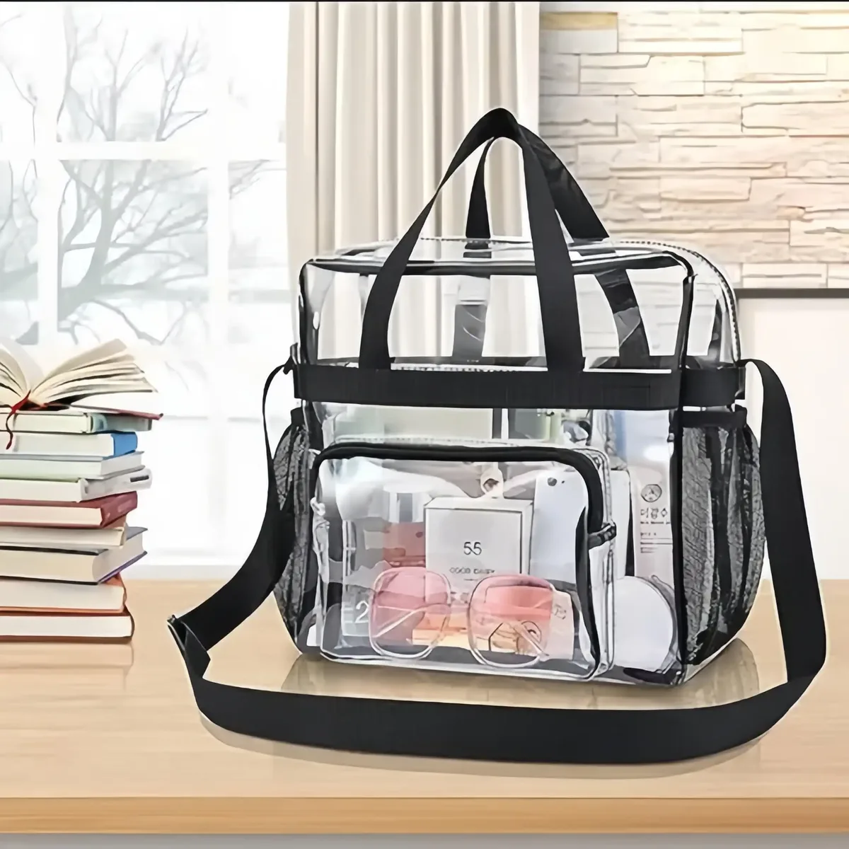 sac fourre-tout transparent robuste en plastique, bandoulière avec poches zippées, passe facilement la sécurité des stades pour femmes, travail, concerts