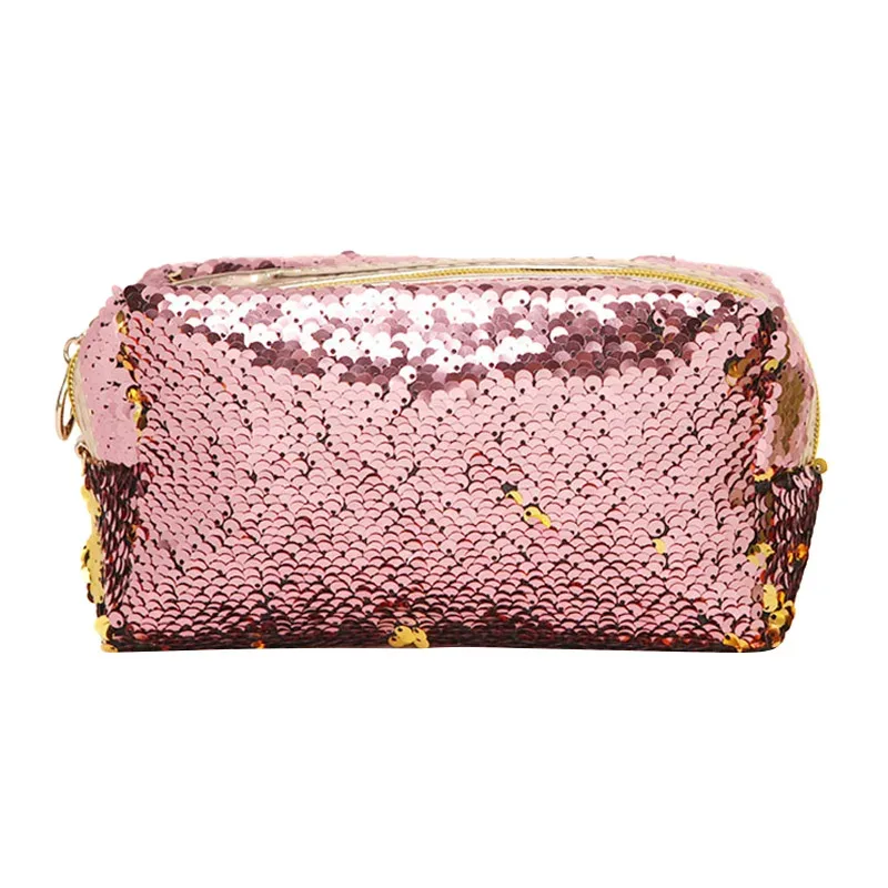 trousse de maquillage portable pour femme, paillettes, fermeture éclair, brosse, trousse de toilette, trousse à cosmétiques, évaluation, voyage
