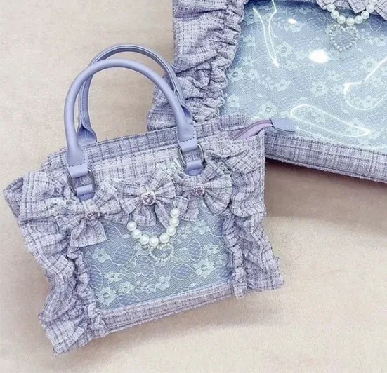 sac à main en dentelle à volants pour femmes et filles, sacoche de style japonais, fourre-tout carré avec nœud papillon en perles, sacs à main portables initiés