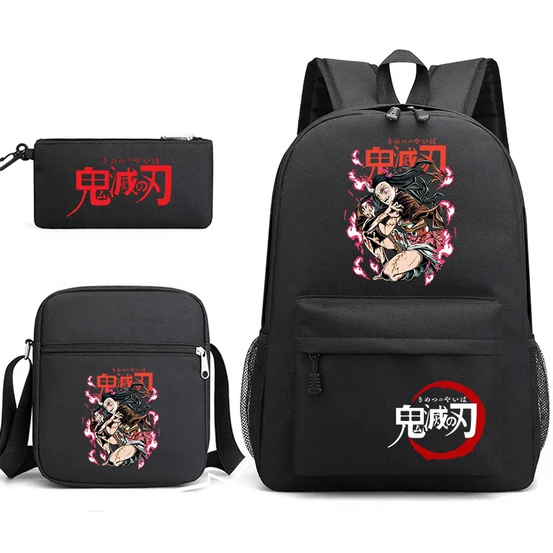 ensemble de sacs à dos d'école imprimés demon slayer, 3 pièces, avec sac à bandoulière, trousse à crayons pour garçons et filles