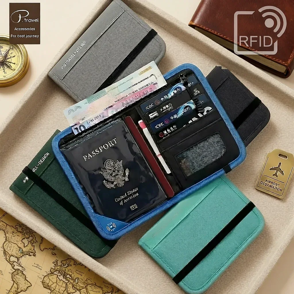 Portefeuille de voyage avec blocage RFID, porte-passeport, étui multifonction pour cartes de crédit, organisateur de documents d'identité pour hommes et femmes, pochette antivol