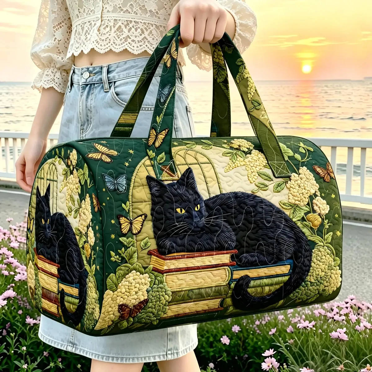 sac de voyage pour femme, grande capacité, motif chat noir, livre, hortensia, ciel étoilé, sac à main de week-end, sac de voyage de loisirs à motif papillon et fleur.