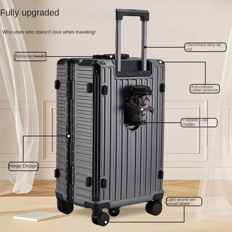 valise à cadre en aluminium à cinq roues, 30 pouces, cabine multifonctionnelle, mot de passe, boîtier de chariot, bagages avec porte-gobelet usb