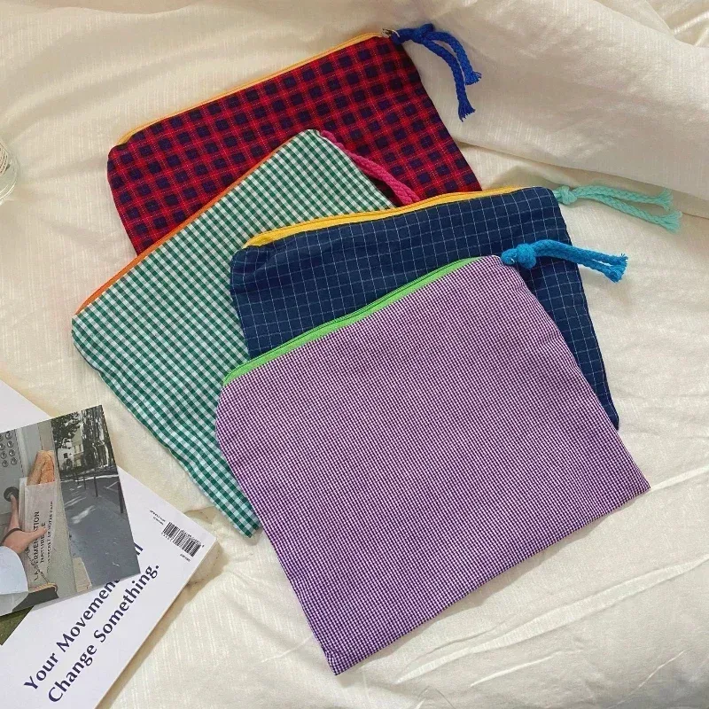 nouvelle trousse de maquillage à carreaux pour femme, grande capacité, en coton, avec fermeture éclair, pochette de voyage, sac cosmétique, nécessaire féminin