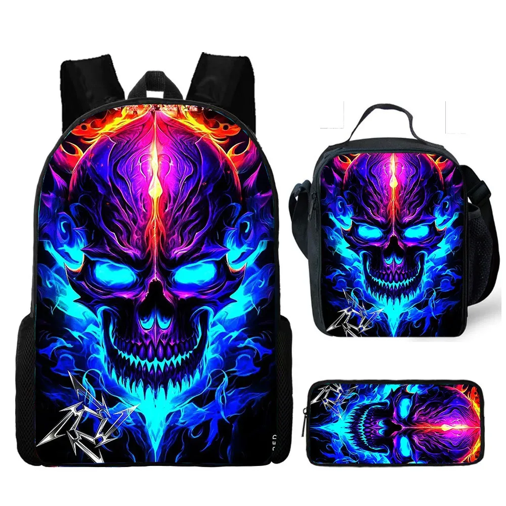 Vente chaude crâne sac à dos trois pièces ensemble imprimé école primaire et secondaire sac à dos repas sac porte-crayon