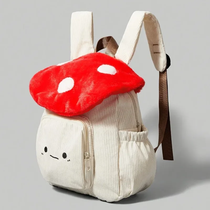 sac à dos champignon en peluche kawaii pour femmes, fourre-tout mignon avec bretelles réglables, fermeture à glissière, sacs à dos d'étudiant en velours côtelé rouge/blanc