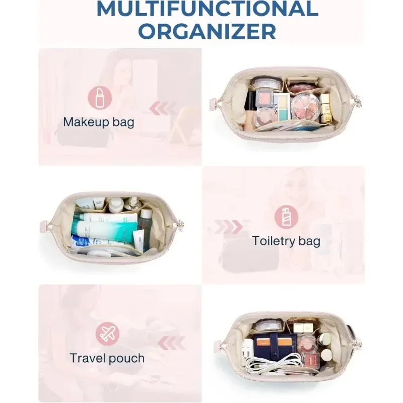 trousse de maquillage trousse de toilette de voyage sacs de maquillage rembourrés gonflés pochette large ouverte sac à main essentiels de voyage accessoires de toilette brosses