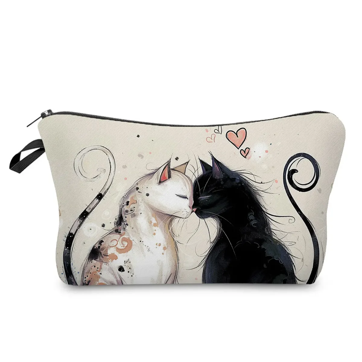 sacs de maquillage college chat noir pour femmes, sacs de rangement portables de voyage, impression d'animaux kawaii décontractés, sacs à cosmétiques double face avec fermeture éclair