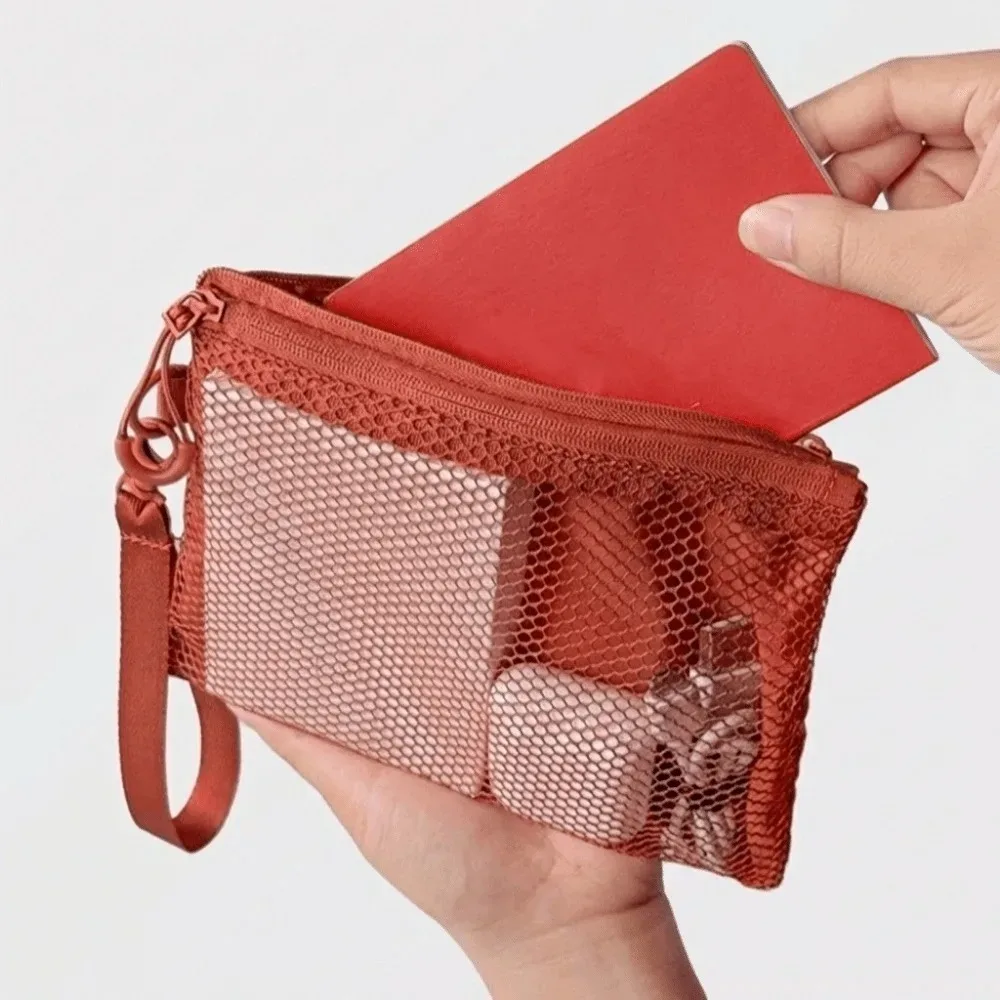 sac de rangement en maille légère avec fermeture éclair, trousse de toilette en polyester, couleur unie, sac à cosmétiques multifonctionnel, usage polyvalent