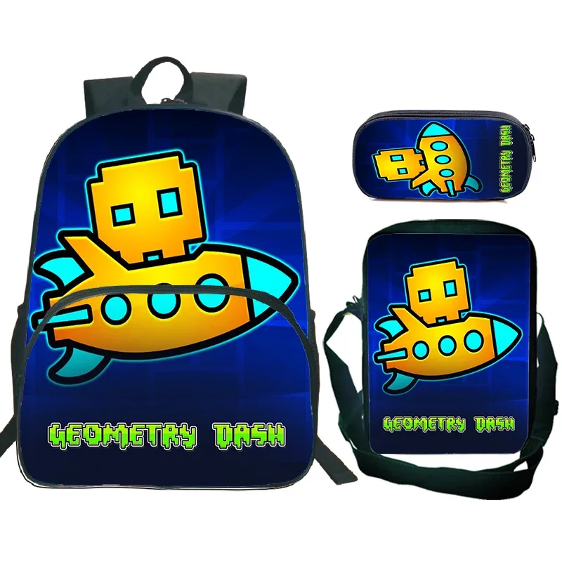 ensemble de 3 sacs à dos cartoon geometry dash pour garçons et filles, sac d'école de grande capacité, sac de voyage, sac à bandoulière pour enfants, sac à crayons