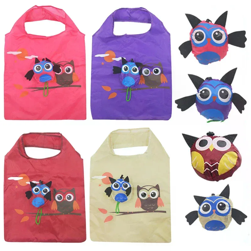 sac de courses pliable portable avec motif de hibou de dessin animé, sac fourre-tout de grande capacité, sac à main à bandoulière, pochette de voyage pour épicerie, 1/3 pièces