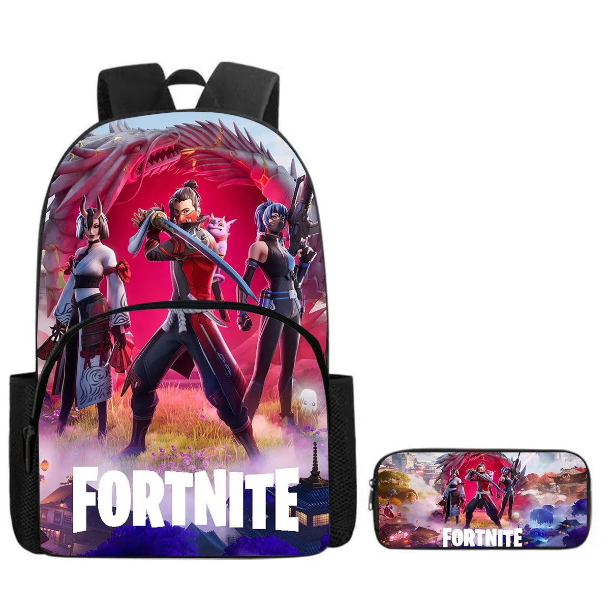 sac à dos de dessin animé fortnite avec poche avant et trousse à crayons 2 pièces - ensemble scolaire pour garçons et filles de 5 à 8 ans, cadeau de rentrée scolaire