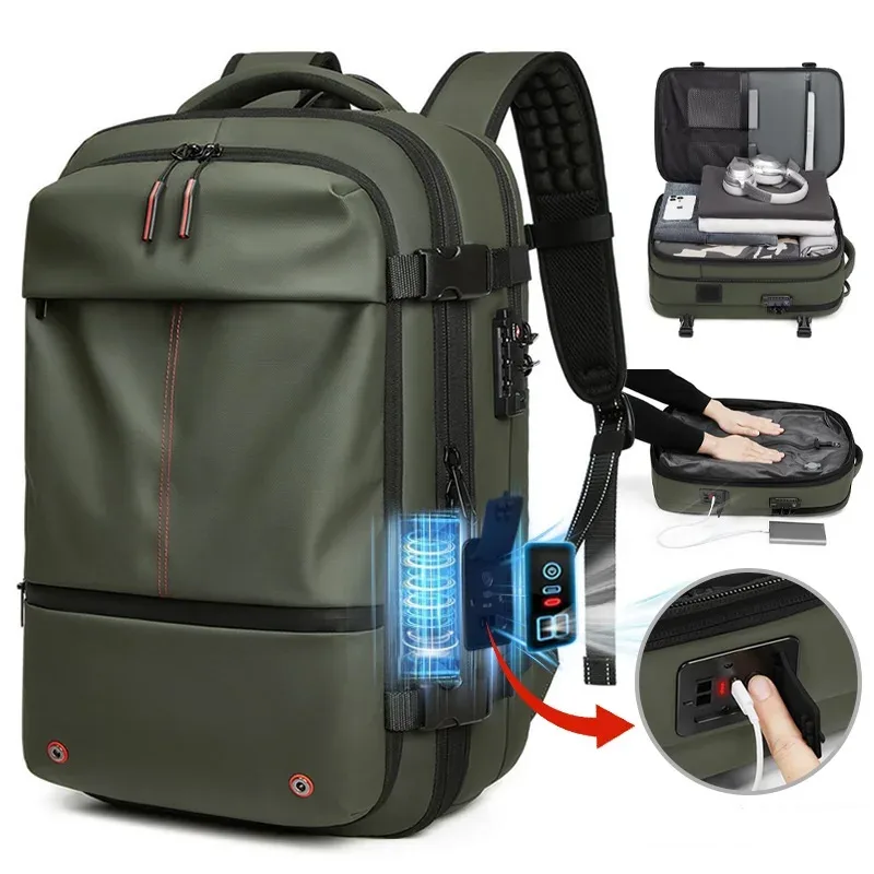 Sac à dos de voyage pour homme avec pompe de compression à un clic, sac à dos pour ordinateur portable, randonnée, affaires, 17 pouces, sac à dos scolaire extensible