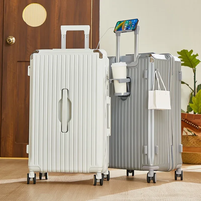 bagage roulant de grande capacité de 20 à 26 pouces, avec porte-gobelet, sac de voyage, support de téléphone portable pratique, valise roulante de voyage simple