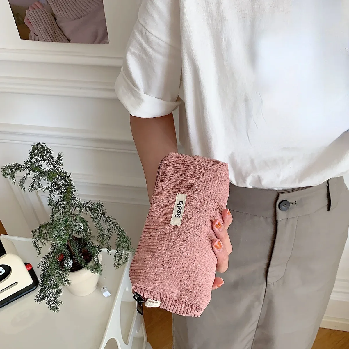 sac à cosmétiques en velours côtelé coréen, petite pochette de maquillage, trousse de toilette de voyage portable pour femmes, nécessaire de rangement, étui à crayons mignon pour étudiant