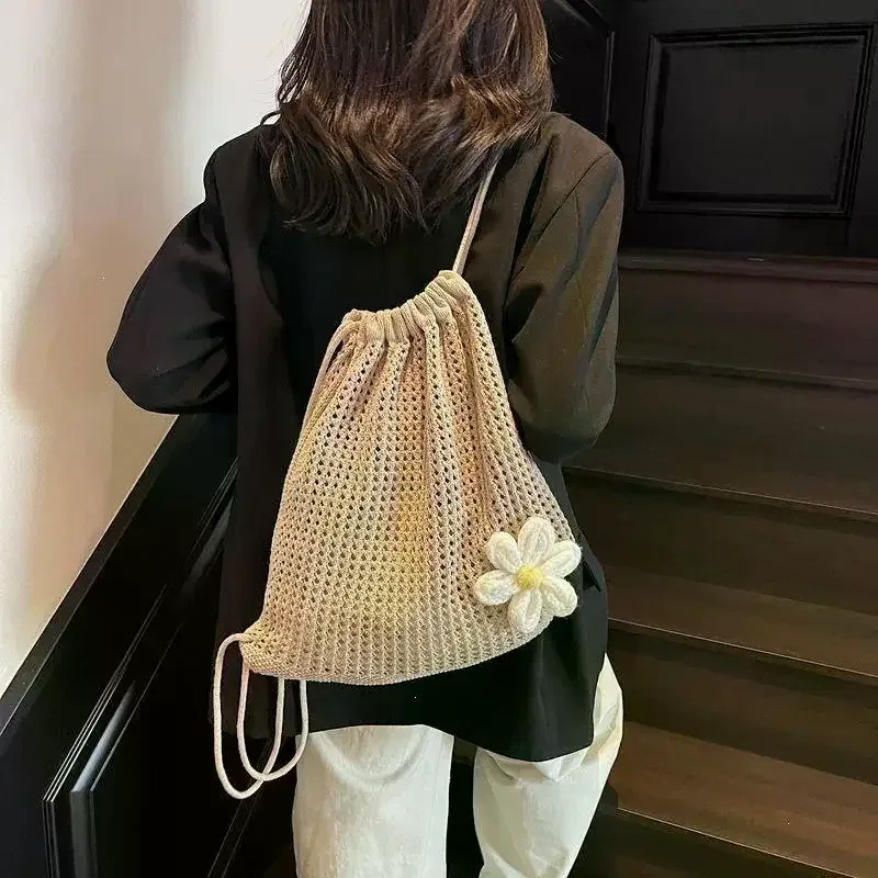 sac à bandoulière en tricot couleur unie grande capacité, sac à dos bohème en crochet ajouré, sac fourre-tout de plage et de voyage pour femme