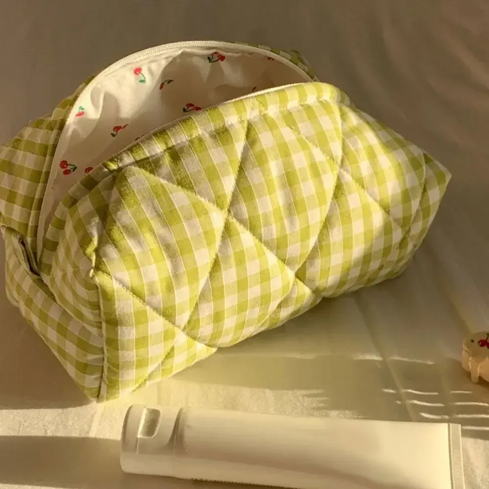 trousse de maquillage en coton matelassé, trousse de toilette portable à carreaux avec fermeture éclair, grande capacité, poudres de soin de la peau, voyage