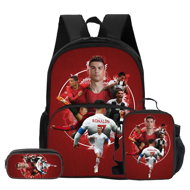 ensemble de 3 pièces avec sac à dos à poche avant ronaldo, sac isotherme pour le déjeuner, trousse à crayons cr, sac à dos de star du football