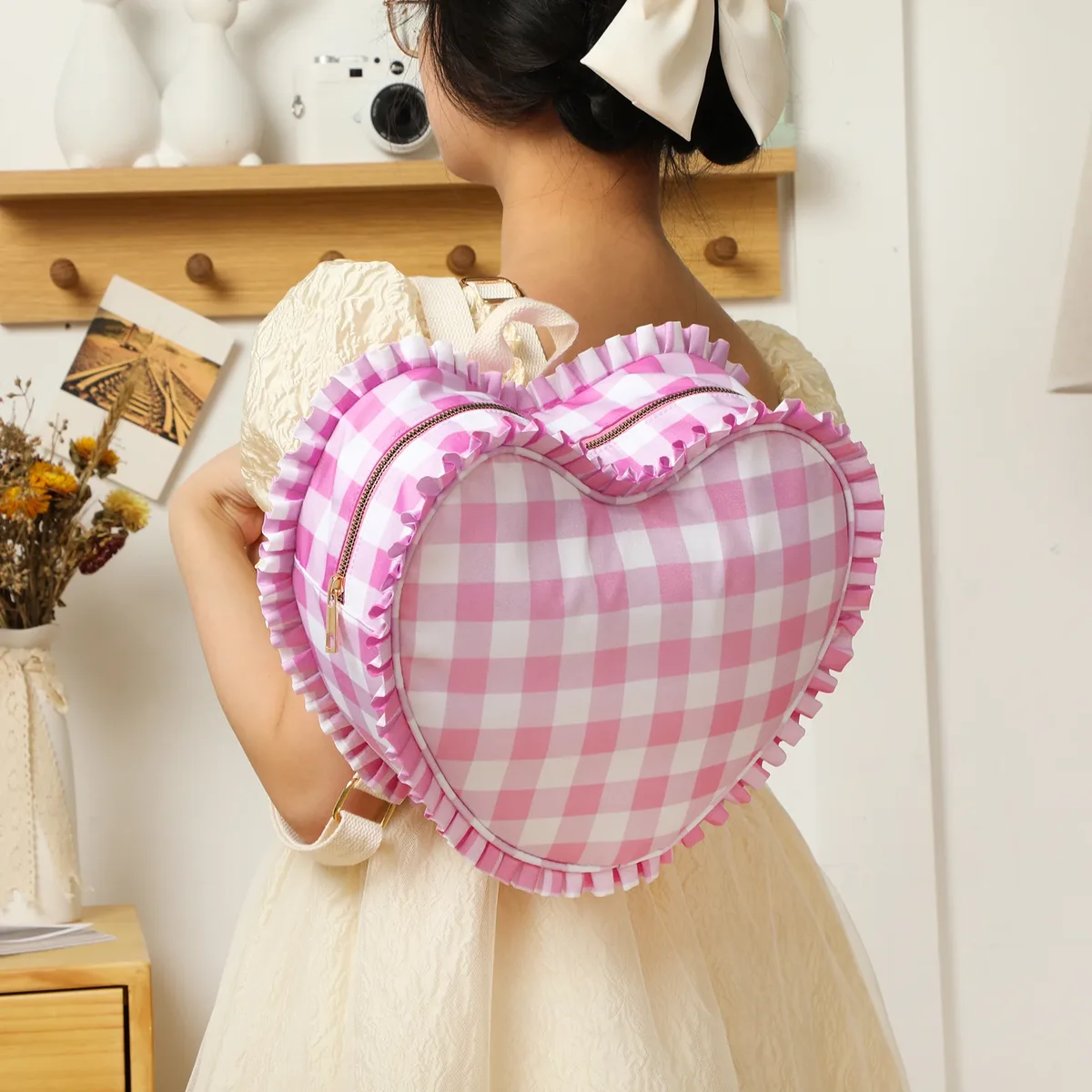 Sac à dos en forme de cœur à volants pour femmes, sacs fourre-tout en nylon rose à rayures pour filles, voyage en plein air, étudiant, livre, cadeau de la journée de Léon, mode