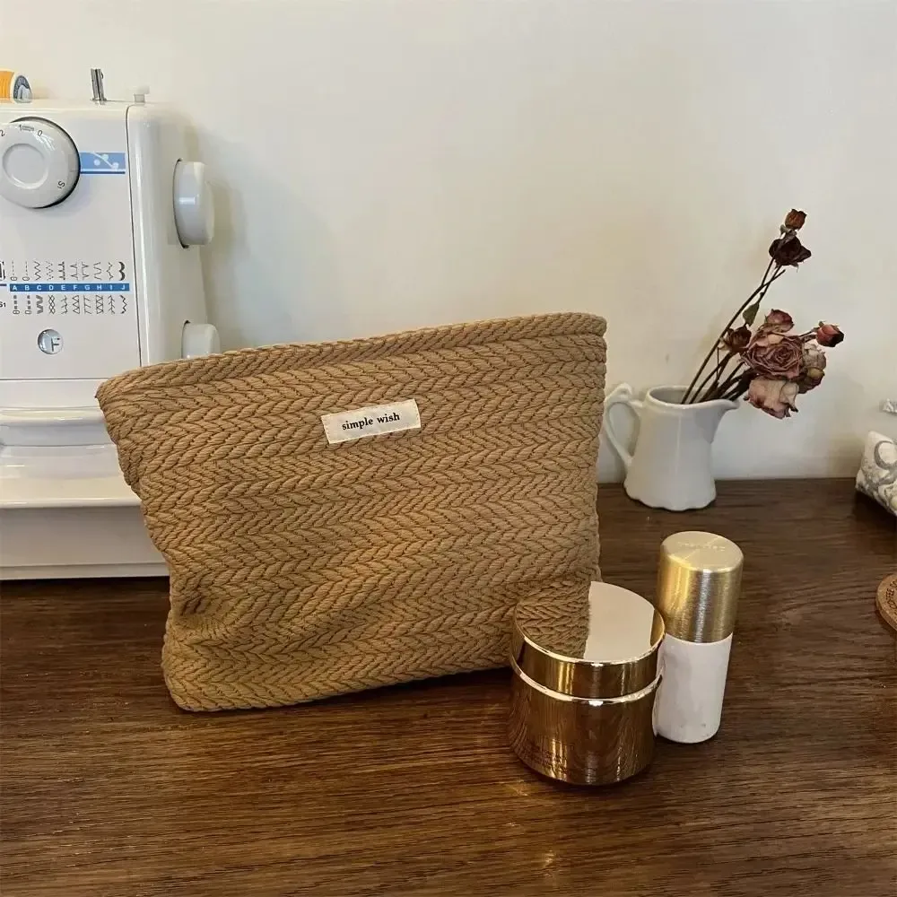 trousse de maquillage en tissu tissé pour femmes, couleur unie, petit organisateur, pochette en toile, grande capacité, fermeture éclair, étui de beauté, voyage