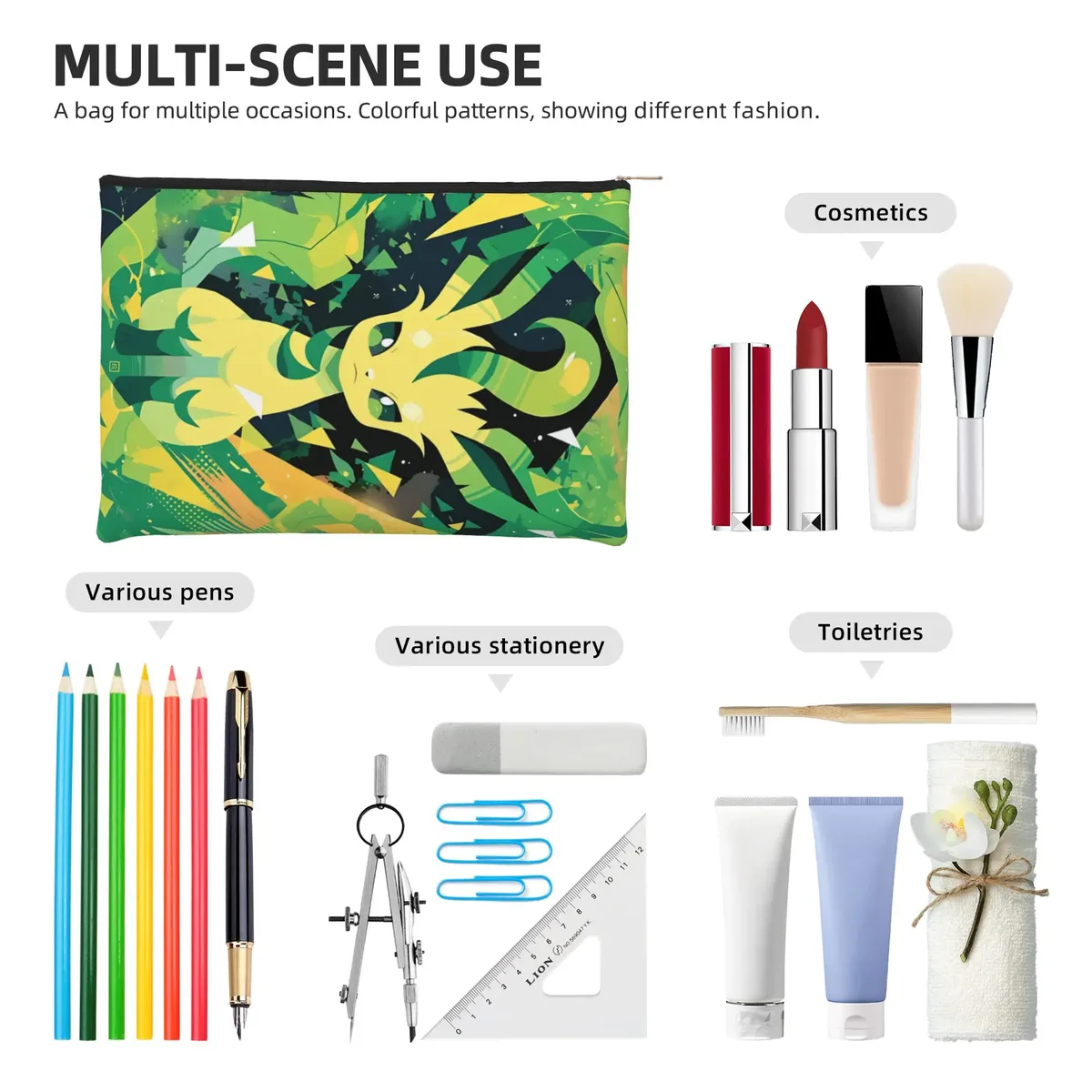 pochette pliable mignonne sur le thème de l'anime pokemon eevee eeveelution, trousse de maquillage, trousse de toilette avec fermeture éclair, pochette cosmétique de voyage