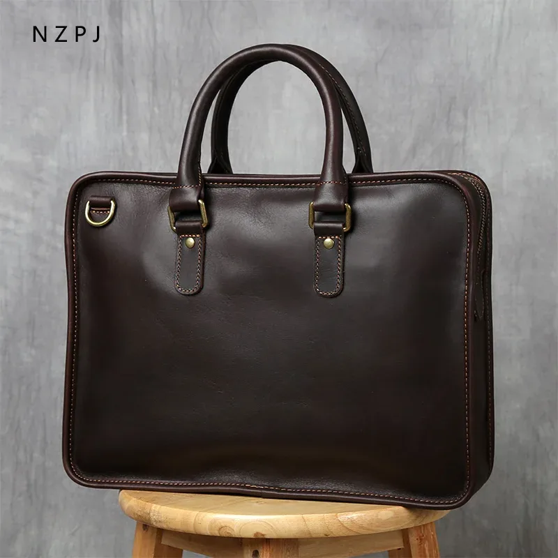 nzpj rétro hommes porte-documents en cuir pochette d'ordinateur couche supérieure en peau de vache sac à main décontracté 14 pouces sac à bandoulière d'affaires sac de messager