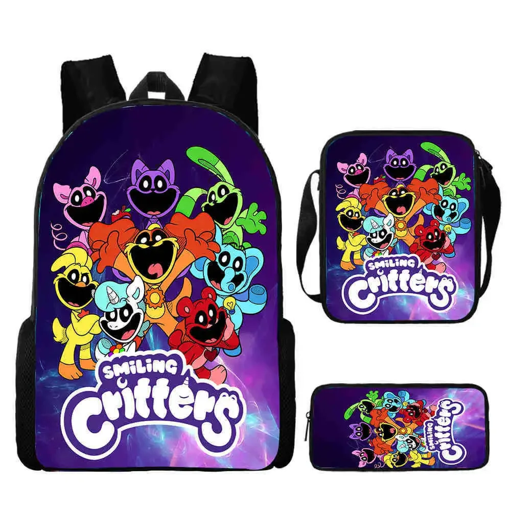 ensemble de sac à dos d'école smiling 3d critters avec sac à crayons, sacs initiés, grande capacité, dessin animé, jeu d'amine, sac à dos pour enfant, 3 pièces