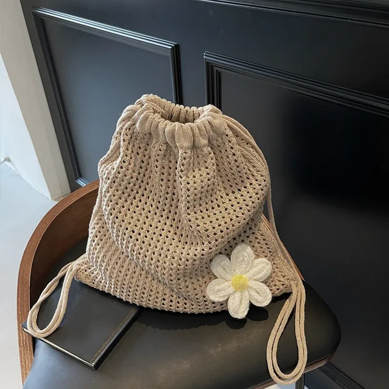 sac à bandoulière en tricot de couleur unie, sac à dos bohème en crochet de grande capacité ajouré, fourre-tout de voyage de plage polyvalent pour femmes