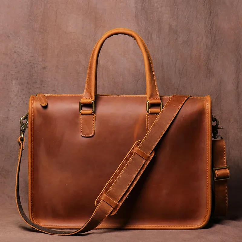 luokir sac à main en cuir véritable hommes vintage crazy horse peau de vache bureau ordinateur sac simplicité mallette d'affaires pour ordinateur portable 14 pouces