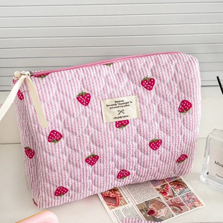 sac de rangement de voyage en coton matelassé pour femmes, sacs à cosmétiques rétro cerise, design mignon, trousse à crayons pour filles, trousse de maquillage, sacs à main