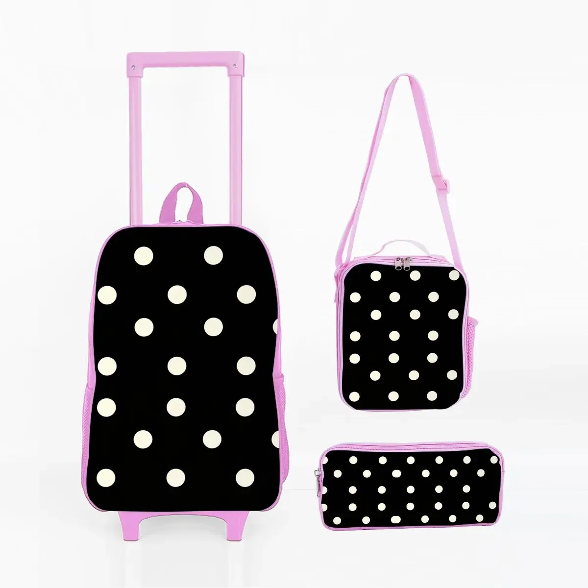 ensemble de sacs à roulettes imprimés à pois, avec boîte à déjeuner, sac à stylos avec roulettes, sac à dos de chariot d'école pour filles/garçons