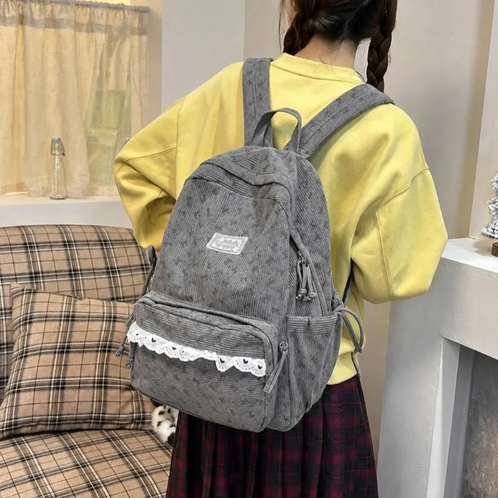 sac à dos en velours côtelé de style coréen, style preppy, grande capacité, sac à dos pour étudiants, bordure en dentelle, nœud papillon, motif à pois