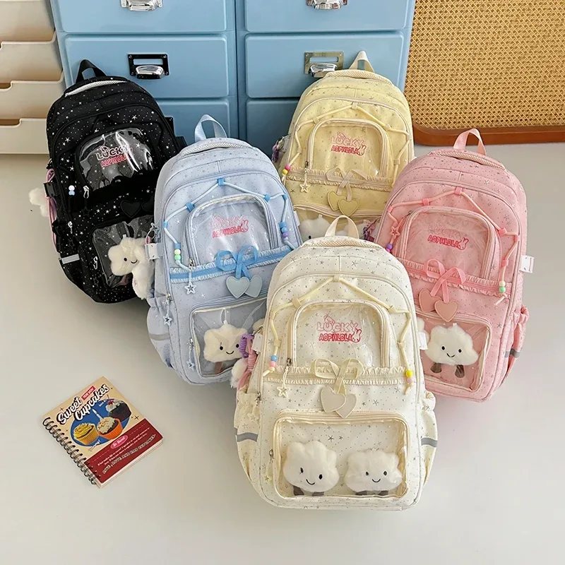 sac à dos pour femmes, sac de voyage multi-poches, joli sac d'école à rayures réfléchissantes avec nœud et étoiles pour adolescentes, sac à livres