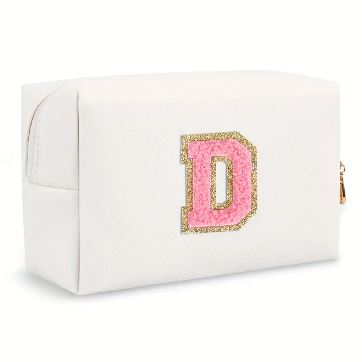 trousse de maquillage preppy pour femmes, trousse de toilette de voyage, sac à cosmétiques avec lettres en chenille, pochette étanche en cuir pu, joli organisateur à fermeture éclair-ll