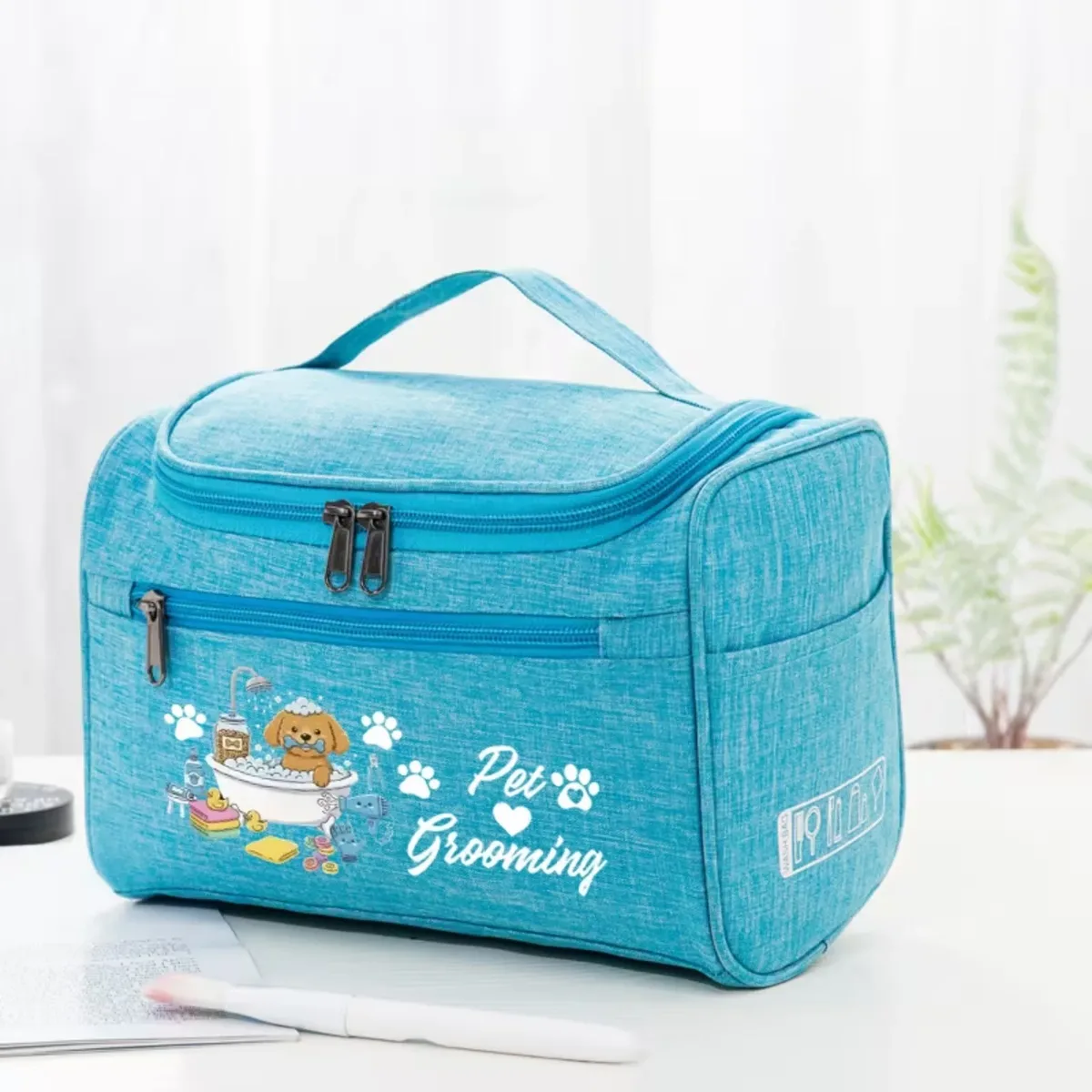 sac de voyage pour toilettage des animaux, organisateur d'accessoires pour animaux de compagnie avec motif de bain de chien mignon, pochette suspendue portable pour accessoires de toilettage
