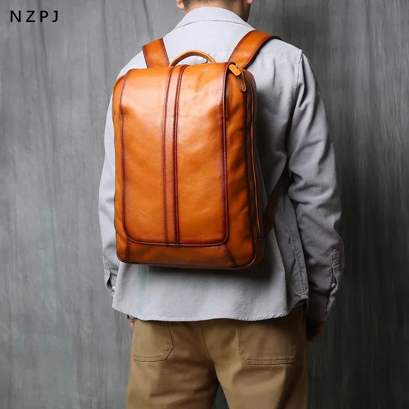 sac à dos pour homme en cuir de vache véritable vintage nzpj, sac à dos décontracté pour ordinateur portable, 