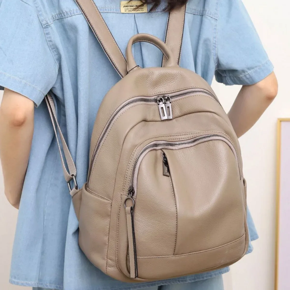 sac à dos décontracté en cuir de vachette véritable pour dames, sac de voyage antivol, motif solide, sac à dos en cuir véritable